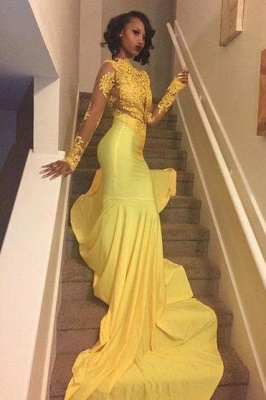 Chicloth Beautiful High-Neck Yellow Long-Sleeve Lace Appliques Mermaid Prom Dress_1