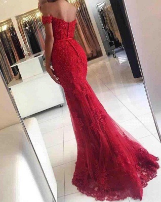 Chicloth Glamorous Off-the-shoulder Lace Appliques Red Mermaid Evening Dress_3