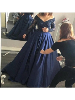 Chicloth Ball Gown Satin Off-the-Shoulder Long Sleeves Sweep/Brush Train With Beading Dresses_1