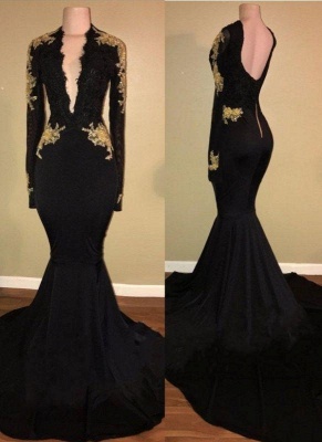 Chicloth Sexy Black and Gold Prom Dresses | Deep V-Neck Long Sleeves Evening Gowns_2