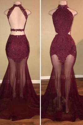 A| Chicloth Burgundy Sheer-Tulle Lace-Appliques High-Neck Mermaid Prom Dresses_1