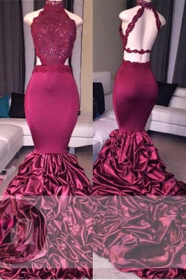 A| Chicloth Newest Mermaid High-Neck Open-Back Lace Beadings Prom Dress_1