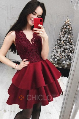 A-Line V-Neck Tiered Dark Red Homecoming Dress with Lace_1