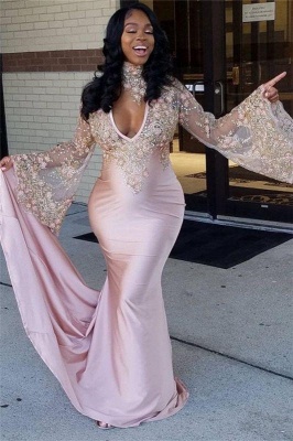 Chicloth Sexy Pink V-Neck Mermaid Prom Dresses 2019 Long Sleeves Appliques Evening Dresses with Choker SK0087_1
