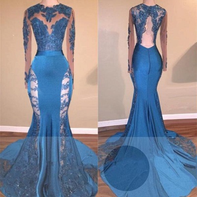 A| Chicloth Blue Long-Sleeve 2019 Prom Dress | Lace Mermaid Formal Dress_3
