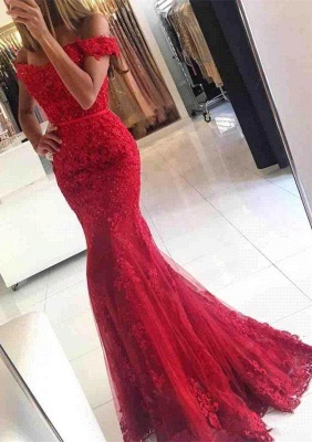 Chicloth Glamorous Off-the-shoulder Lace Appliques Red Mermaid Evening Dress_2