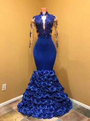 A| Chicloth Gorgeous Royal Blue Prom Dresses | Long Sleeves Evening Gowns with Rose Flowers_2
