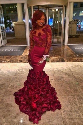 Chicloth Burgundy Lace-Appliques Long-Sleeves Flowers-Train Mermaid Prom Dresses_1