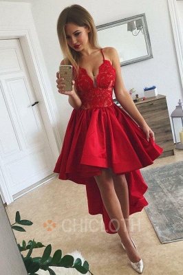 A-Line Spaghetti Straps Asymmetric Red Satin Homecoming Dress with Lace_1