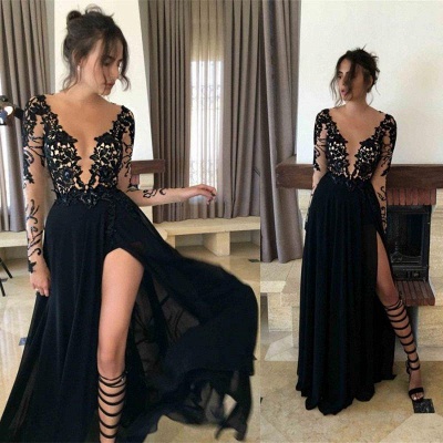 Chicloth Long Sleeves Black Side-Slit A-Line Prom Dresses_2