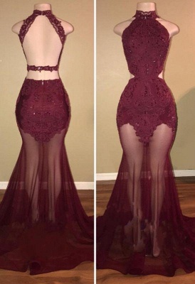 A| Chicloth Burgundy Sheer-Tulle Lace-Appliques High-Neck Mermaid Prom Dresses_3