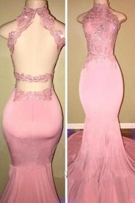Chicloth Pink High-Neck Mermaid Open-Back Long Prom Dresses_1