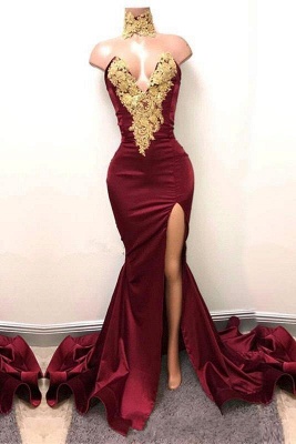 A| Chicloth THERESIA | Mermaid High Neck Front-Split Burgundy Lace Appliques Prom Dresses_1