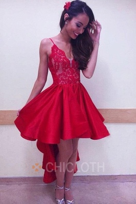A-Line Spaghetti Straps Asymmetric Red Satin Homecoming Dress with Lace_2