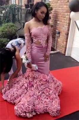 Chicloth Long Sleeve Pink Lace Prom Dresses 2019 | Roses Bottom Off The Shoulder Mermaid Evening Dress Sexy FB0315_1