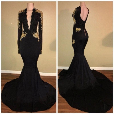 Chicloth Sexy Black and Gold Prom Dresses | Deep V-Neck Long Sleeves Evening Gowns_3
