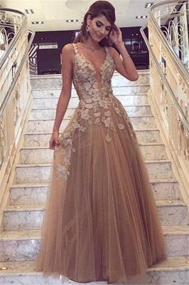 Chic Champagne Tulle Prom Dresses | Straps Lace Appliques Evening Gowns_1