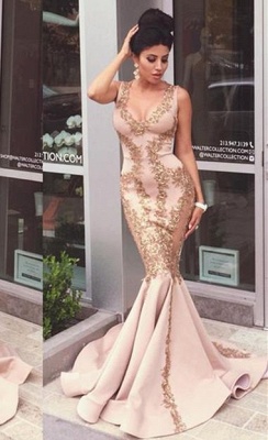Chicloth Pink Lace-Appliques Mermaid Sleeveless Prom Dresses_3