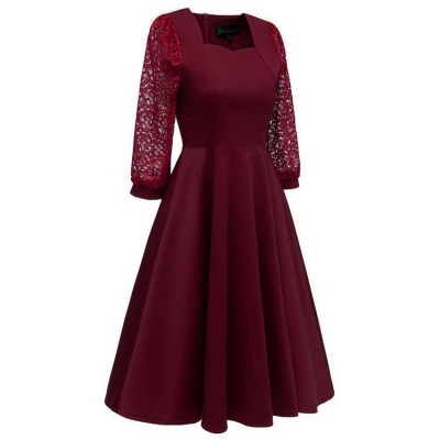 A| Chicloth Burgundy A-line Half Sleeve Lace Dress_2