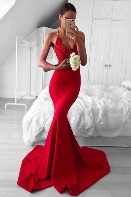 Chicloth Sexy Red V-Neck Lace Mermaid Lace Long Prom Dress_1