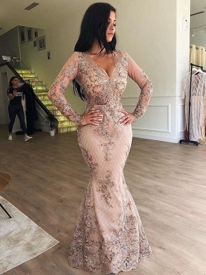 Cheap Champagne Long Sleeve  A Line Lace Prom Dresses_3