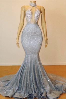 Mermaid Halter V-neck Sleeveless Backless Floor-Length Prom Dress_1