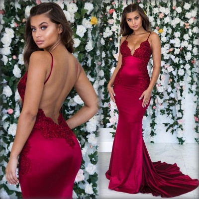 Burgundy Spaghetti-Straps Lace Appliques Mermaid Backless Prom Dress_4