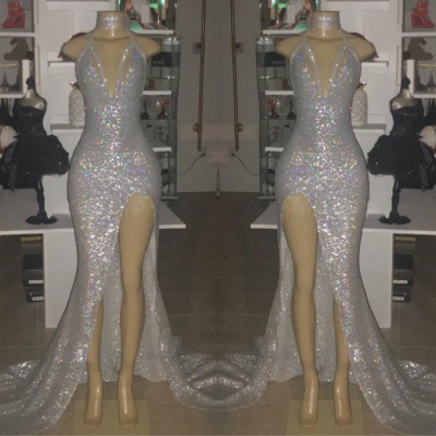 Mermaid V-neck Sequins Front Slit Floor Length Prom Dresses_3