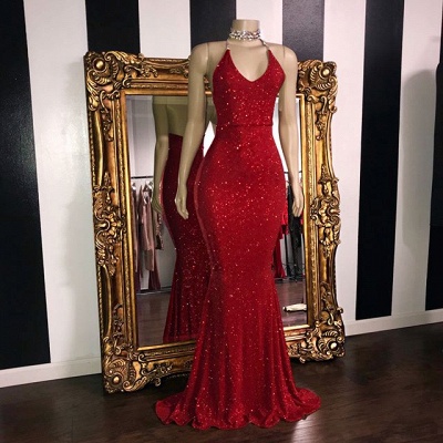 Sexy Sequins Halter Red Sleeveless Mermaid Prom Dress_2