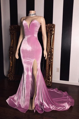 Elegant Pink Velvet Sweetheart Side Slit Mermaid Long Prom Dress_1