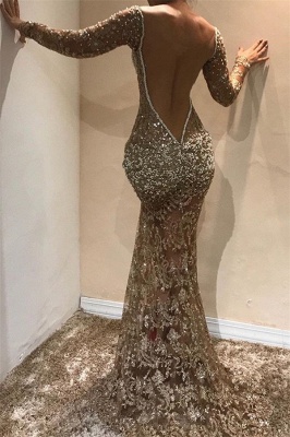 Glamorous Mermaid Sequins Peals Long Sleeves Open Back Prom Dress_2