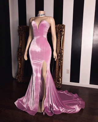 Elegant Pink Velvet Sweetheart Side Slit Mermaid Long Prom Dress_2