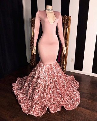 Designer Pink V Neck Long SLeeve Prom Dresses With Flowers_2