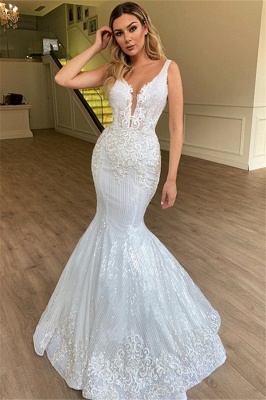 Chicloh Glamorous Sheer Straps Mermaid Sleeveless Appliques Tulle Wedding Dresses_1