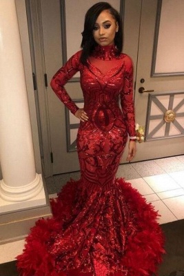 High Neck Red Mermaid Sequins Long Sleeves Prom Dress_2