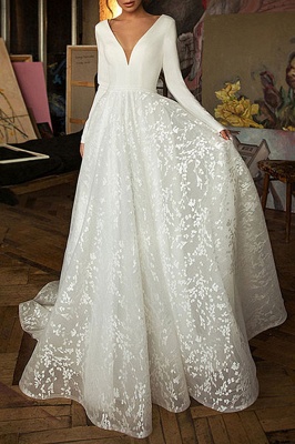 Chicloth Elegant Long Sleeve V-neck Satin Wedding Dress_1