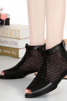 Chicloth Black Chunky Heel Bowknot Casual Mesh Open Toe Boots_1