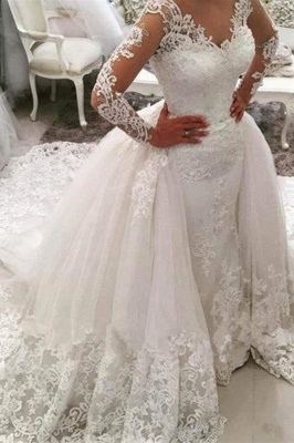 Chicloth Gorgeous Ivory V-Neck Long Sleeves Appliques Watteau Train Wedding Dress_1