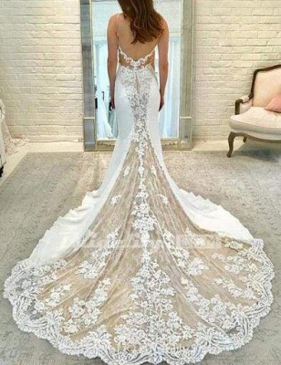 Chicloth Ivory Satin Gorgeous Lace Spaghetti Strap Vintage Mermaid Wedding Dress_2