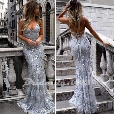Chicloth Spaghetti Straps V-neck Mermaid Sparkly Tulle Evening Dress Long Prom Gowns_3