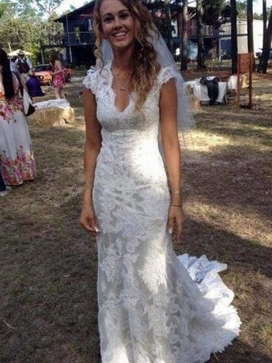 Chicloth V Neck Cap Sleeves Floor Length Lace Wedding Dresses_1