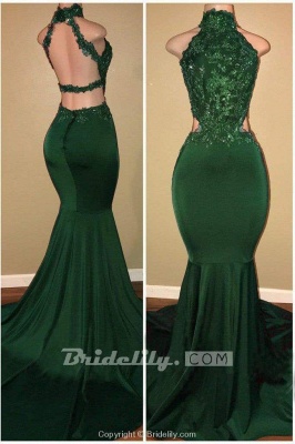 Chicloth Green High Neck Sleeveless Mermaid Long Prom with Appliques Sexy Party Dress_2