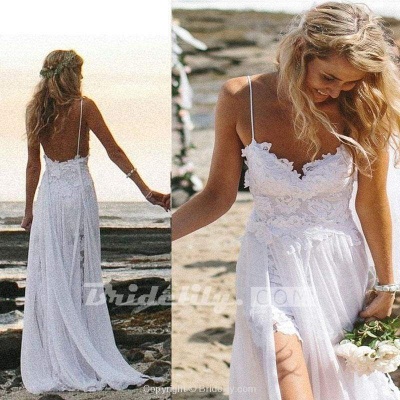 Chicloth Spaghetti Straps White Lace Chiffon Backless Beach Wedding Dress_3