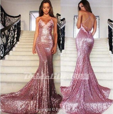 Chicloth Gorgeous Rose Gold Spaghetti Straps V-neck Mermaid Sequins Sweep Train Prom Dress_2