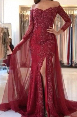 Chicloth Burgundy Off-the-shoulder 3\/4 Sleeves Split Tulle Prom Dress Long Formal Gown_1
