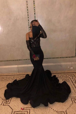 Chicloth Black Long Sleeves Floor Length Mermaid Dresses_1
