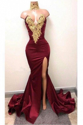 Chicloth Burgundy V Neck Sleeveless Mermaid Prom with Gold Appliques Long Evening Dress_1