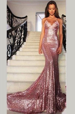 Chicloth Gorgeous Rose Gold Spaghetti Straps V-neck Mermaid Sequins Sweep Train Prom Dress_1