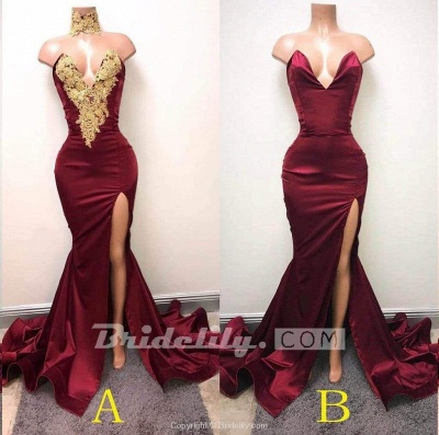Chicloth Burgundy V Neck Sleeveless Mermaid Prom with Gold Appliques Long Evening Dress_2