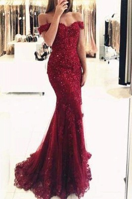 Chicloth Elegant Burgundy Mermaid Off the Shoulder Beaded Lace Appliques Evening Dresses_1